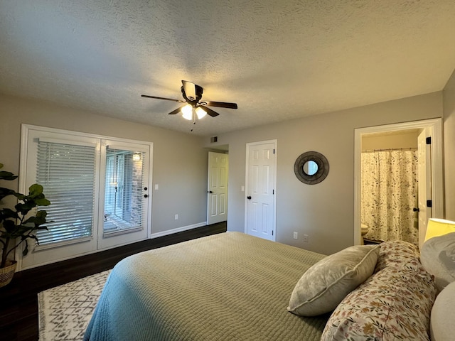 317 Village Ln W, Dickson, TN 37055 - bedroom featuring a ceiling fan, a textured ceiling, access to exterior, baseboards, and dark wood-style floors