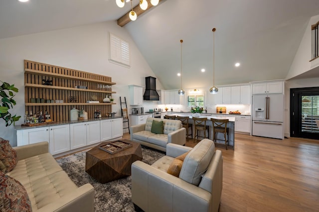 2025 Sanford Dr, Mount Juliet, TN 37122 - living area featuring recessed lighting, light wood-style flooring, beam ceiling, and high vaulted ceiling