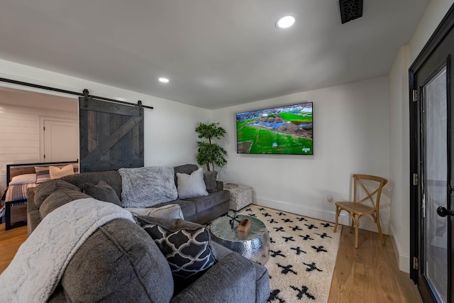 2025 Sanford Dr, Mount Juliet, TN 37122 - living room featuring visible vents, a barn door, wood finished floors, baseboards, and recessed lighting