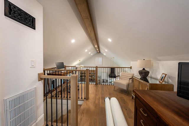 2025 Sanford Dr, Mount Juliet, TN 37122 - interior space with visible vents, lofted ceiling with beams, wood finished floors, and an upstairs landing