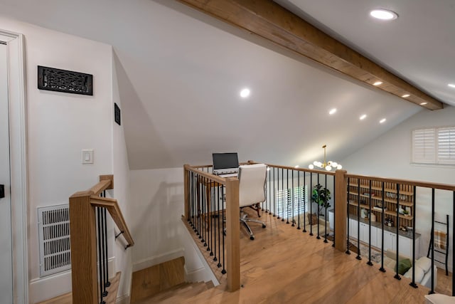 2025 Sanford Dr, Mount Juliet, TN 37122 - hallway with lofted ceiling with beams, a chandelier, recessed lighting, an upstairs landing, and wood finished floors
