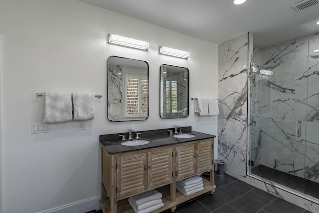 2025 Sanford Dr, Mount Juliet, TN 37122 - full bathroom featuring visible vents, a sink, a marble finish shower, and double vanity