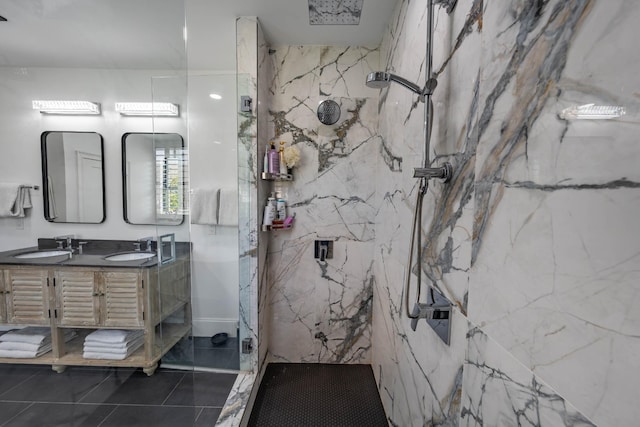 2025 Sanford Dr, Mount Juliet, TN 37122 - full bath featuring double vanity, a sink, a marble finish shower, and tile patterned floors