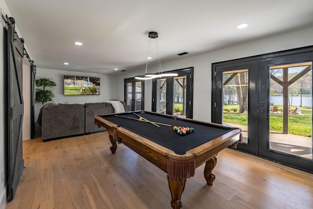 2025 Sanford Dr, Mount Juliet, TN 37122 - recreation room with french doors, pool table, light wood-type flooring, a barn door, and recessed lighting