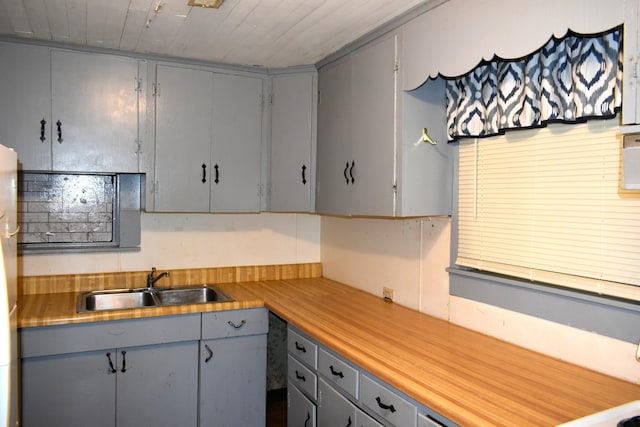 kitchen featuring a sink, light countertops, gray cabinets, and wooden ceiling