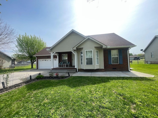ranch-style home featuring a garage, a front lawn, covered porch, brick siding, and driveway