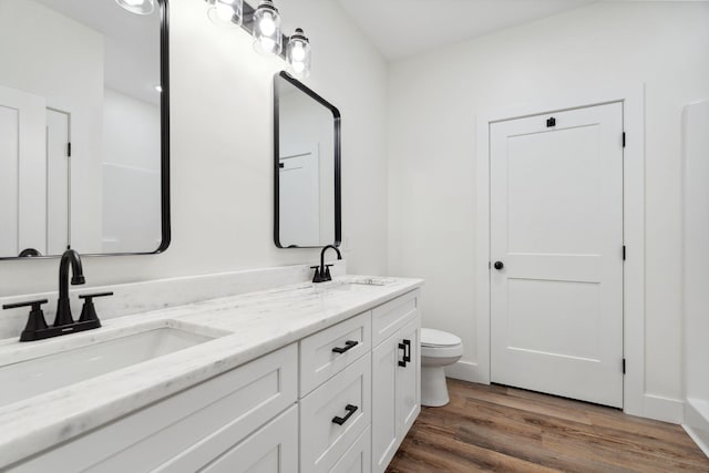 full bath with a sink, double vanity, toilet, and wood finished floors