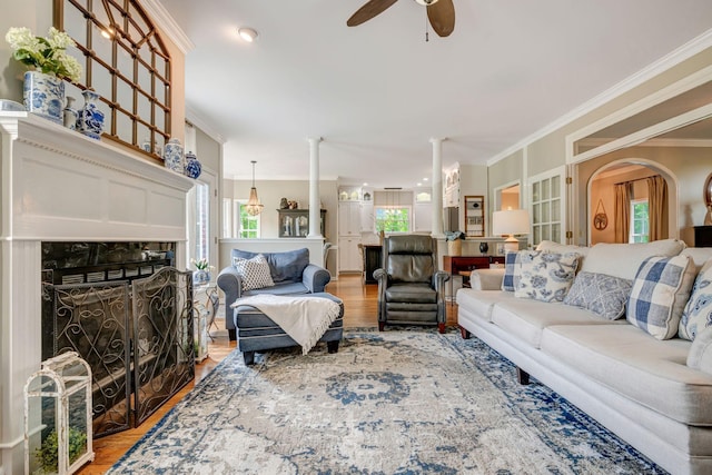 living room with crown molding, ceiling fan, plenty of natural light, and wood finished floors