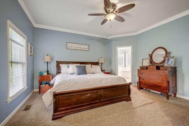 carpeted bedroom featuring baseboards, visible vents, ornamental molding, and multiple windows