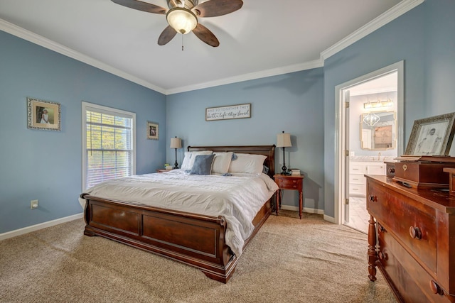 carpeted bedroom featuring baseboards, ornamental molding, connected bathroom, and ceiling fan