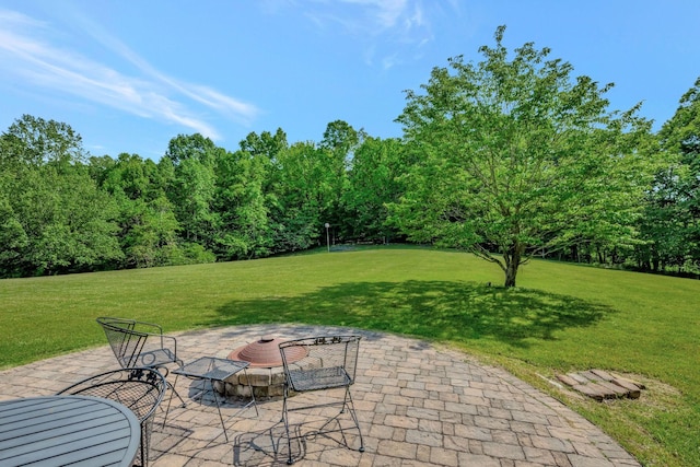 view of patio / terrace with a fire pit