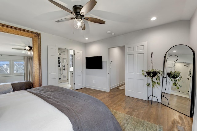 bedroom with baseboards, recessed lighting, ceiling fan, and wood finished floors