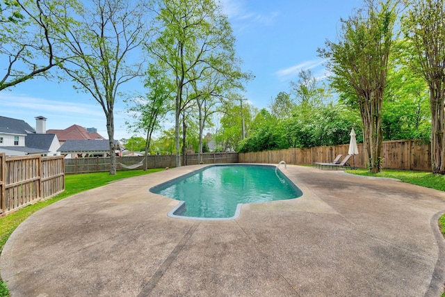 view of pool featuring a fenced backyard, a fenced in pool, a yard, and a patio area