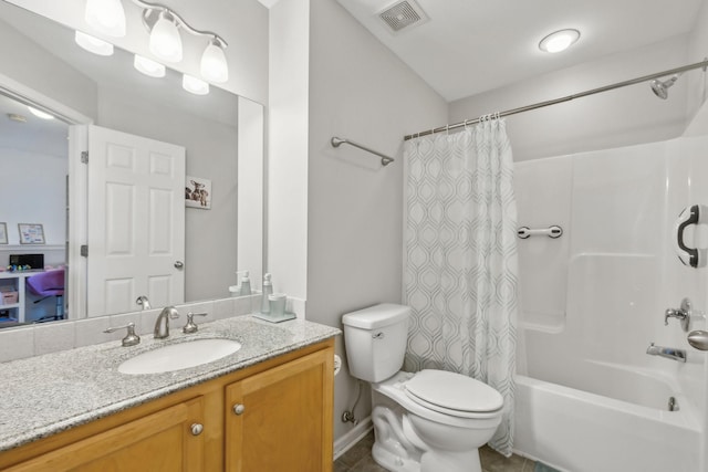 full bath with visible vents, tile patterned flooring, vanity, toilet, and shower / bath combo