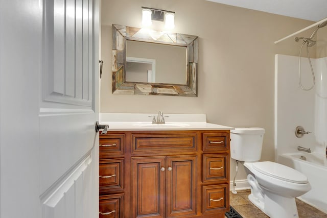 full bath with vanity, shower / bathing tub combination, baseboards, and toilet