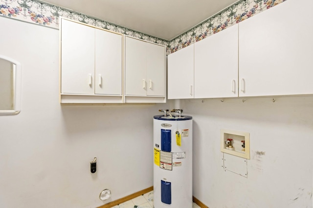 702 1st Ave, Mount Pleasant, TN 38474 - laundry area featuring baseboards, washer hookup, electric water heater, cabinet space, and hookup for an electric dryer