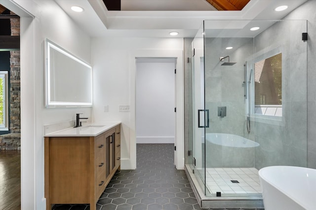 4701 Hessey Rd, Mount Juliet, TN 37122 - full bath featuring vanity, a freestanding tub, recessed lighting, tile patterned floors, and a shower stall