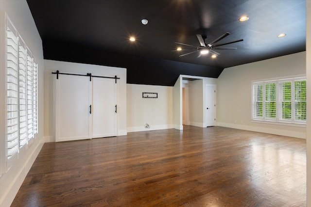 4701 Hessey Rd, Mount Juliet, TN 37122 - interior space with wood finished floors, a ceiling fan, a barn door, and lofted ceiling