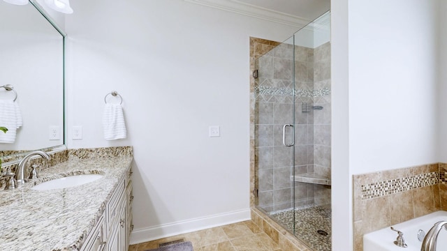 full bath with vanity, ornamental molding, a stall shower, and visible vents