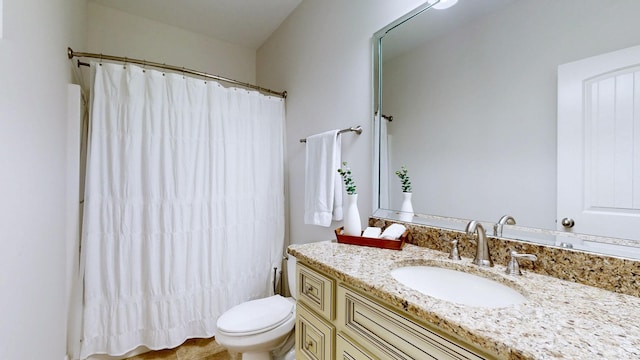 full bathroom featuring toilet, a shower with curtain, and vanity