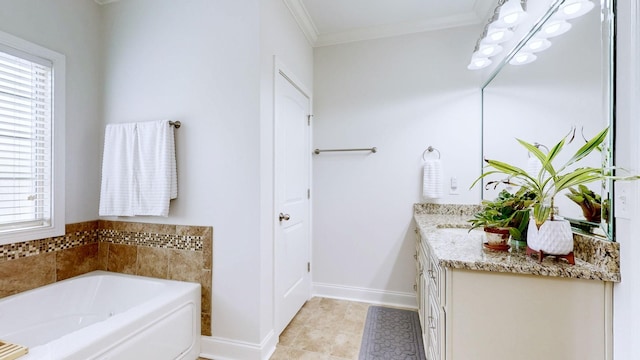 full bathroom with crown molding, tile patterned flooring, vanity, baseboards, and a garden tub