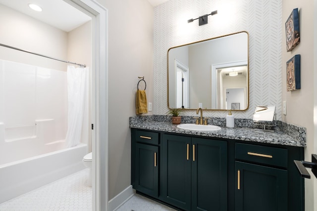 743 Fontwell Ln, Franklin, TN 37064 - full bathroom with vanity, shower / tub combo with curtain, toilet, baseboards, and tile patterned floors