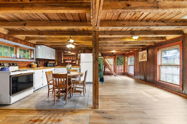 4428 Deer Creek Rd, Linden, TN 37096 - dining space featuring wood ceiling, light wood finished floors, and ceiling fan