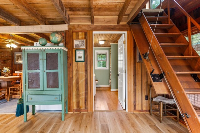 4428 Deer Creek Rd, Linden, TN 37096 - interior space featuring wooden walls, beam ceiling, wooden ceiling, and wood finished floors