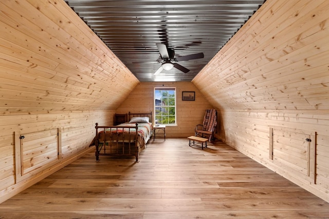 4428 Deer Creek Rd, Linden, TN 37096 - bedroom with wood walls, lofted ceiling, hardwood / wood-style flooring, wooden ceiling, and a ceiling fan