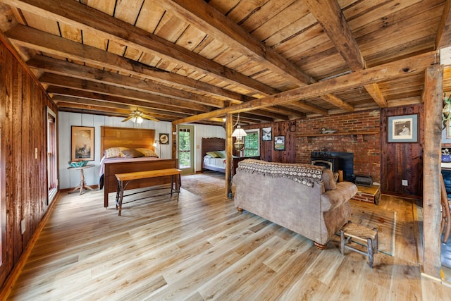 4428 Deer Creek Rd, Linden, TN 37096 - living area with wood ceiling, a wood stove, and wood finished floors