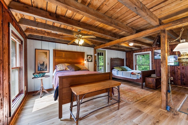 4428 Deer Creek Rd, Linden, TN 37096 - bedroom featuring wood walls, light wood finished floors, beam ceiling, and wood ceiling