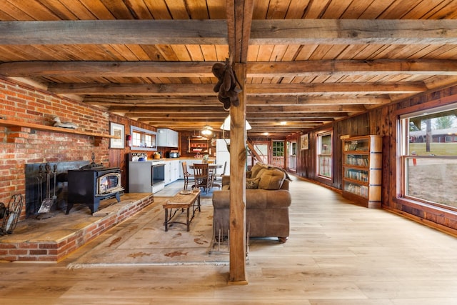 4428 Deer Creek Rd, Linden, TN 37096 - living area with beamed ceiling, wooden ceiling, a wood stove, and light wood-style floors