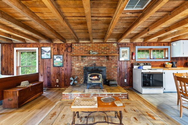4428 Deer Creek Rd, Linden, TN 37096 - living area with wood ceiling, beamed ceiling, a wood stove, and wood walls