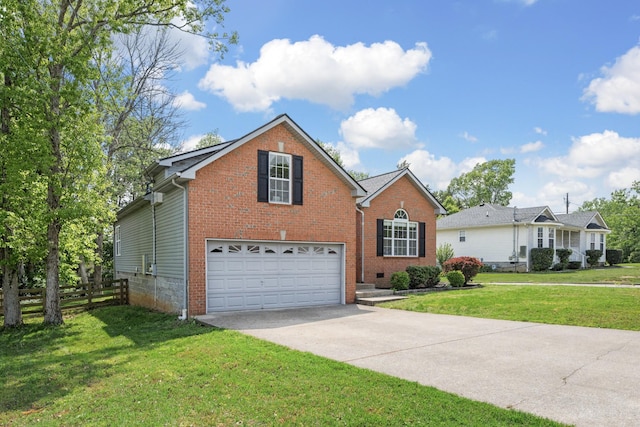 view of front of house featuring fence, a front lawn, brick siding, a garage, and driveway