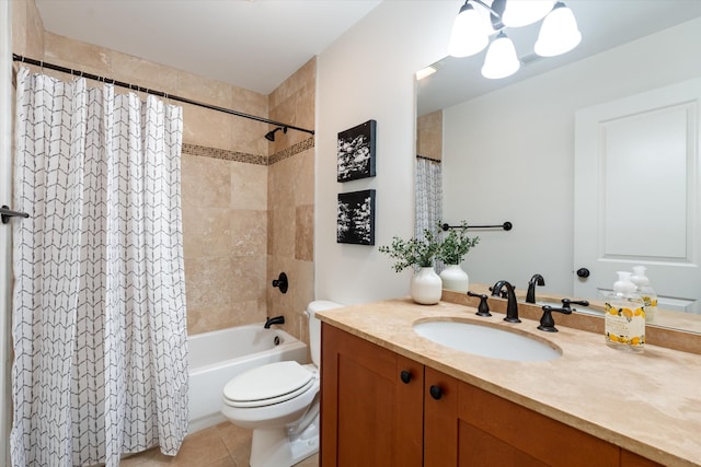 full bath with toilet, tile patterned floors, shower / bath combo, and vanity