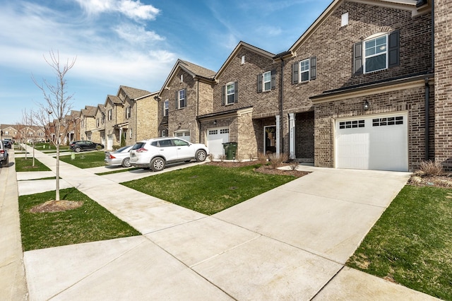 view of front of house with a residential view, concrete driveway, brick siding, and a garage