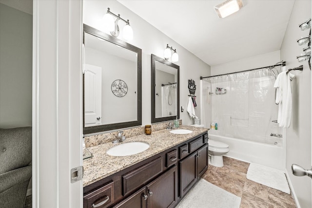 bathroom featuring double vanity, toilet, shower / bathtub combination with curtain, and a sink
