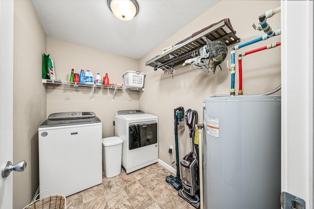 laundry room with laundry area, water heater, and washing machine and clothes dryer