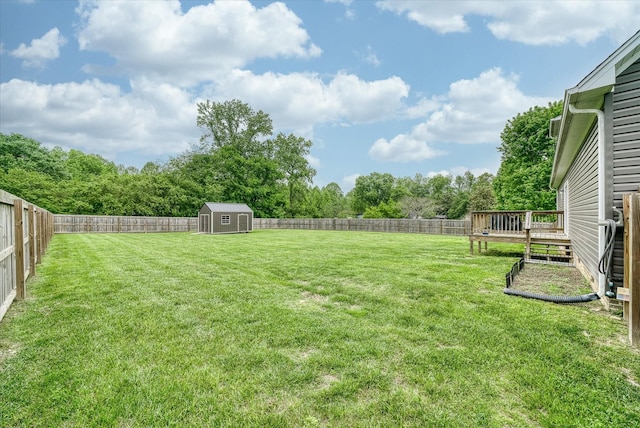 view of yard with an outdoor structure, a fenced backyard, a shed, and a deck