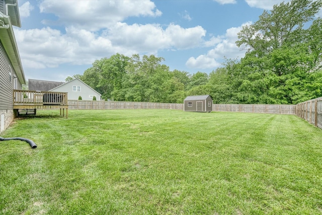 view of yard with a deck, an outbuilding, a fenced backyard, and a shed