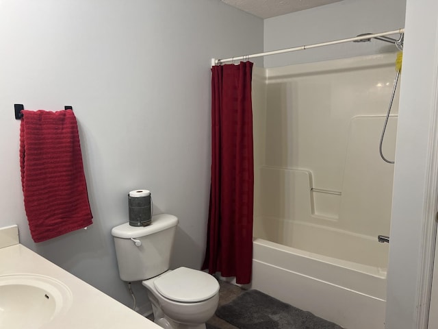 bathroom with vanity, shower / bathtub combination with curtain, toilet, and tile patterned flooring