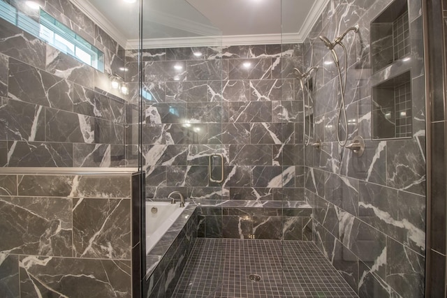 bathroom with crown molding, a tub, tile walls, and a tile shower