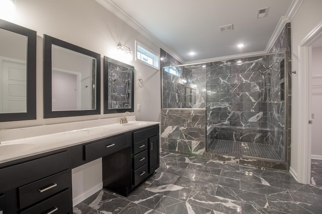 full bathroom with double vanity, a sink, a marble finish shower, and ornamental molding