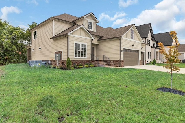 craftsman inspired home with board and batten siding, central air condition unit, driveway, and a front yard