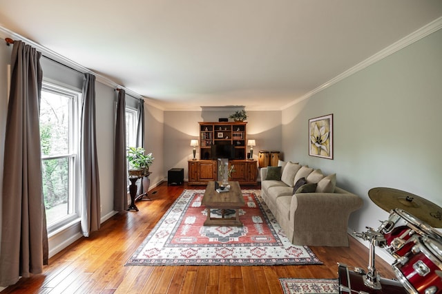 living room featuring crown molding, light wood-style floors, and baseboards