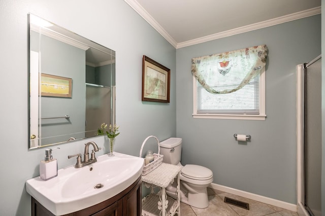 full bath featuring crown molding, toilet, an enclosed shower, and visible vents