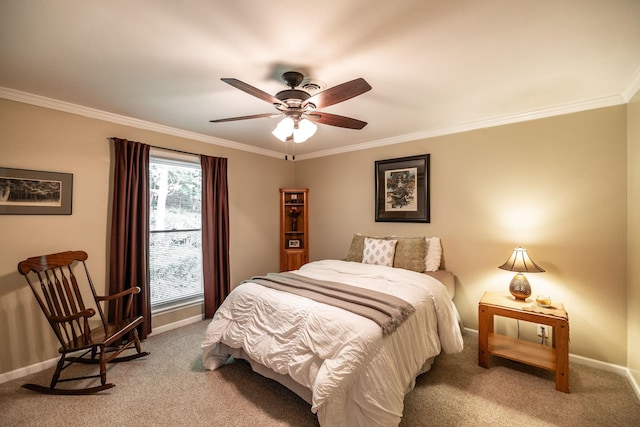 bedroom with crown molding, carpet floors, and baseboards