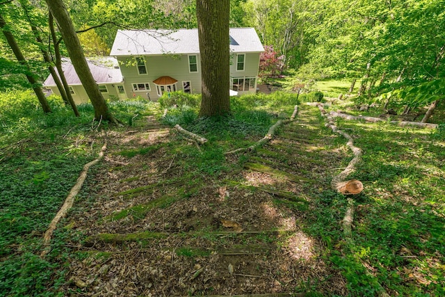 view of yard with a wooded view