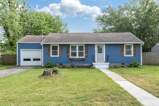 ranch-style house with crawl space, an attached garage, fence, and roof with shingles