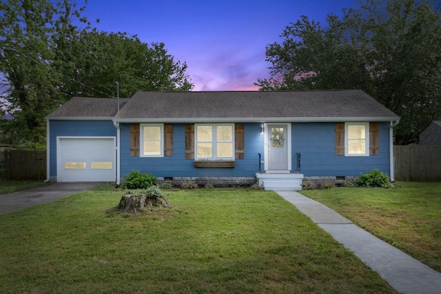 ranch-style home featuring aphalt driveway, fence, a shingled roof, crawl space, and an attached garage